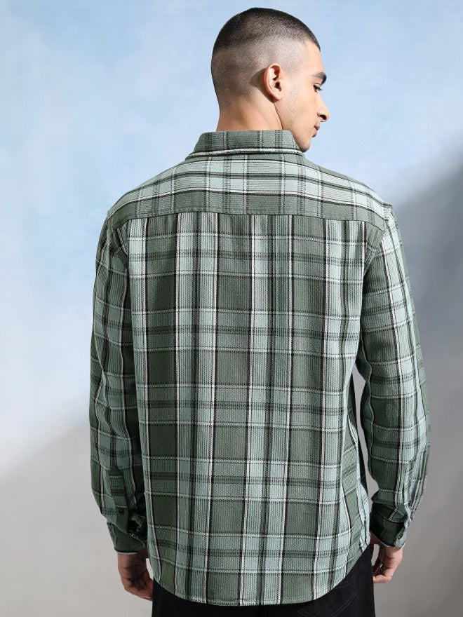 Highlander Men Olive Checked Relaxed Fit Casual Shirt - Olive - Image 3