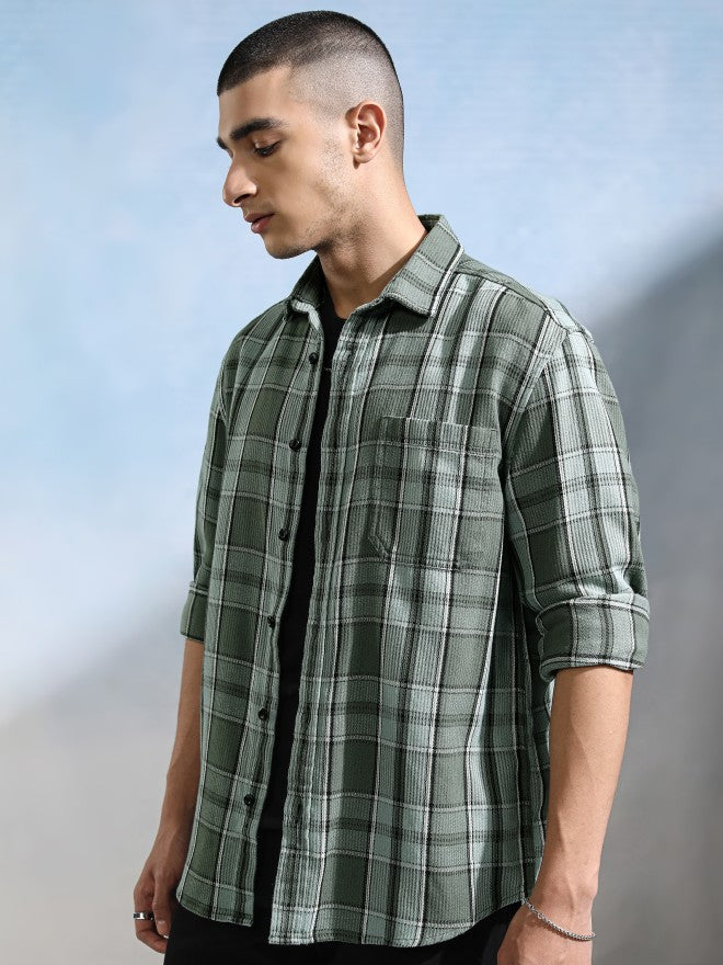Highlander Men Olive Checked Relaxed Fit Casual Shirt - Olive - Image 4