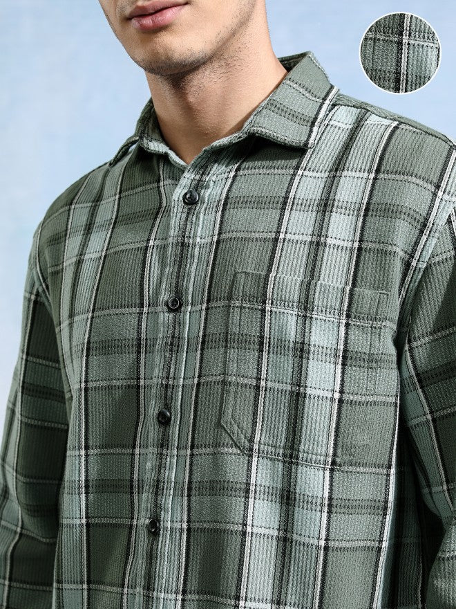 Highlander Men Olive Checked Relaxed Fit Casual Shirt - Olive - Image 5