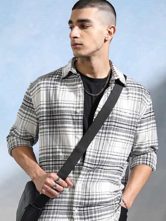 Highlander Men Off White Checked Relaxed Fit Casual Shirt - Off White - Image 1