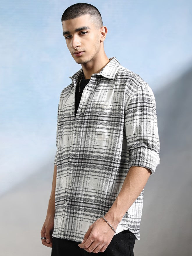 Highlander Men Off White Checked Relaxed Fit Casual Shirt - Off White - Image 4