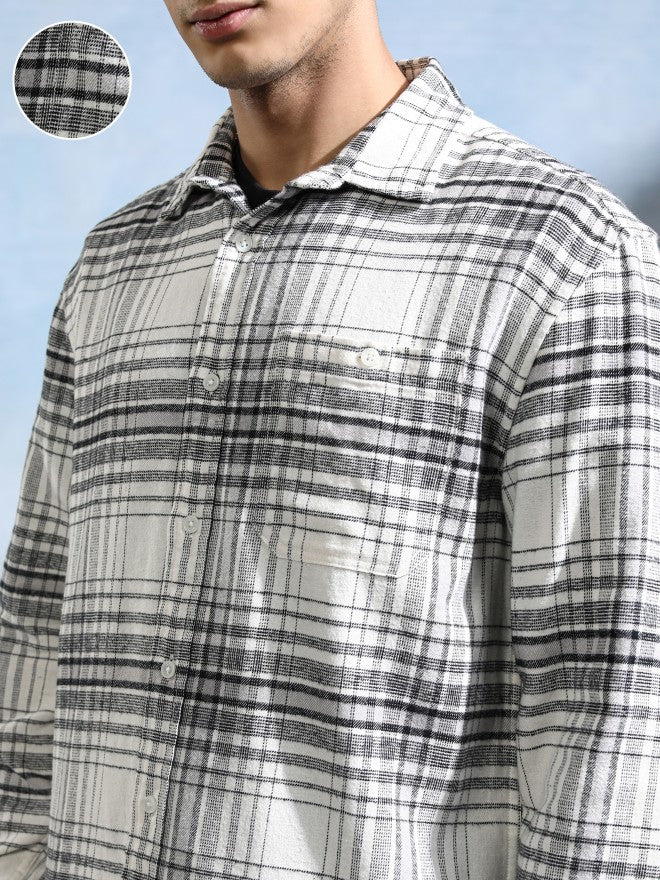 Highlander Men Off White Checked Relaxed Fit Casual Shirt - Off White - Image 5