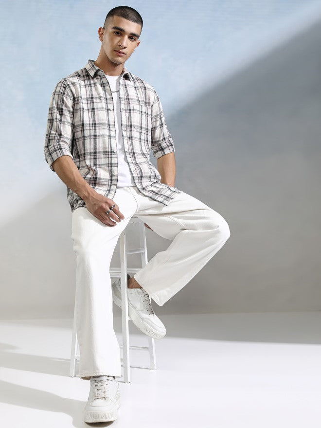 Highlander Men Off White Checked Slim Fit Casual Shirt - Off White - Image 2