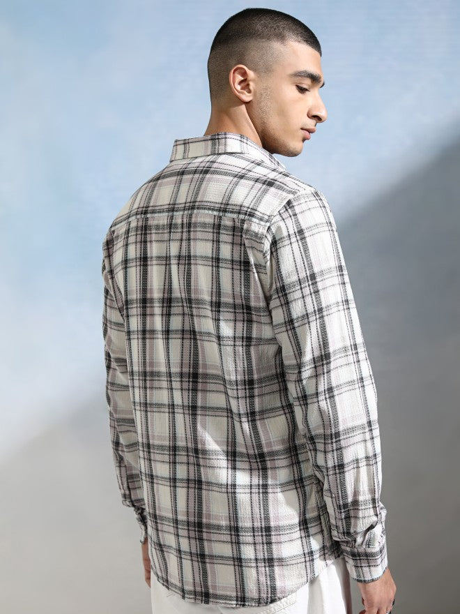 Highlander Men Off White Checked Slim Fit Casual Shirt - Off White - Image 3