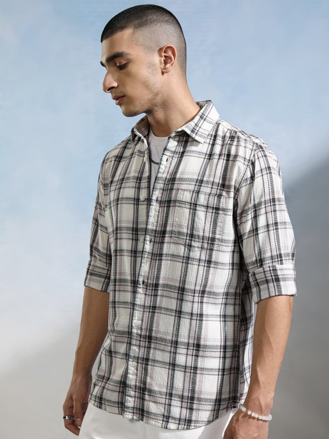 Highlander Men Off White Checked Slim Fit Casual Shirt - Off White - Image 4