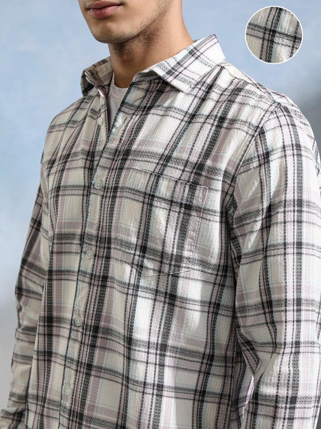 Highlander Men Off White Checked Slim Fit Casual Shirt - Off White - Image 5