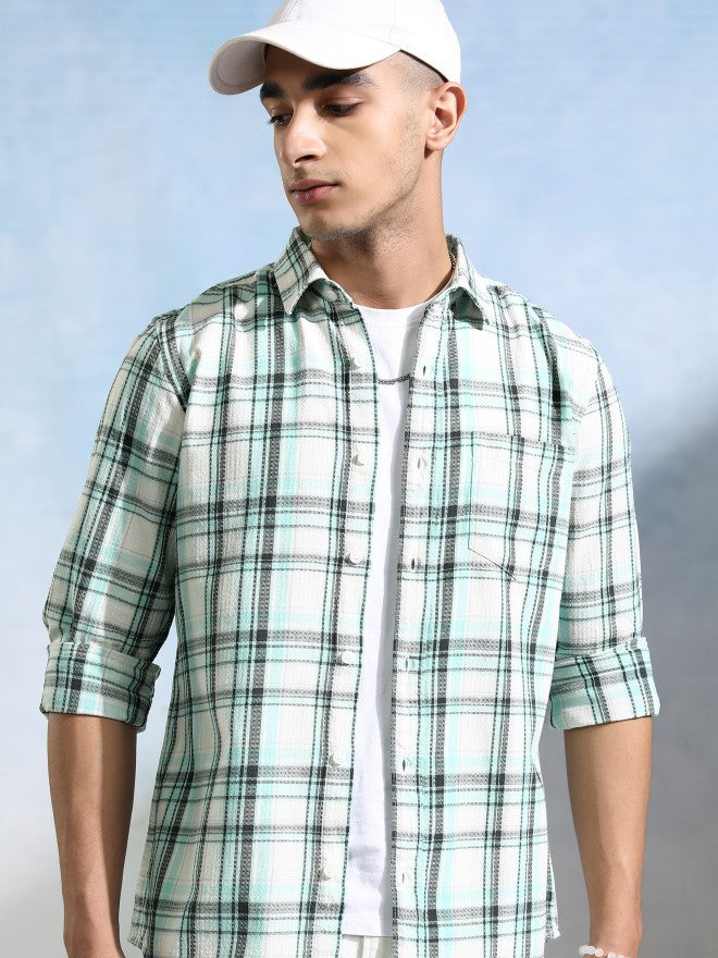 Highlander Men Off White Checked Slim Fit Casual Shirt - Off White - Image 1