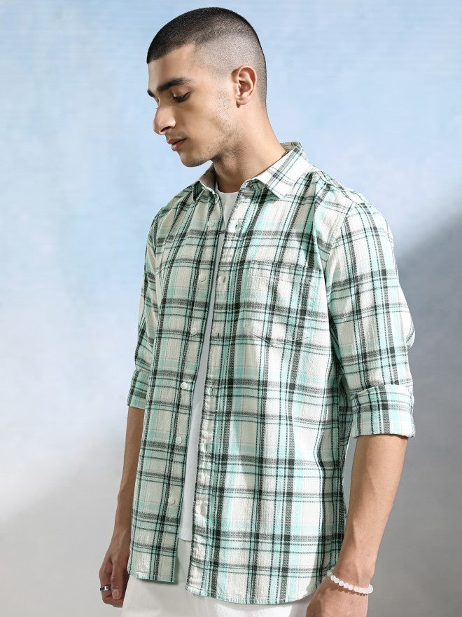 Highlander Men Off White Checked Slim Fit Casual Shirt - Off White - Image 4