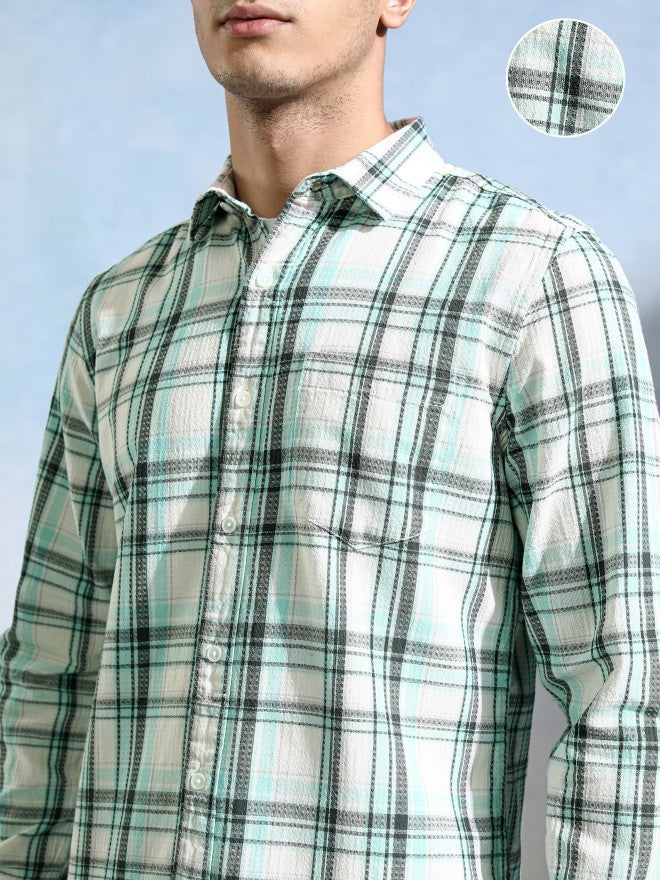Highlander Men Off White Checked Slim Fit Casual Shirt - Off White - Image 5