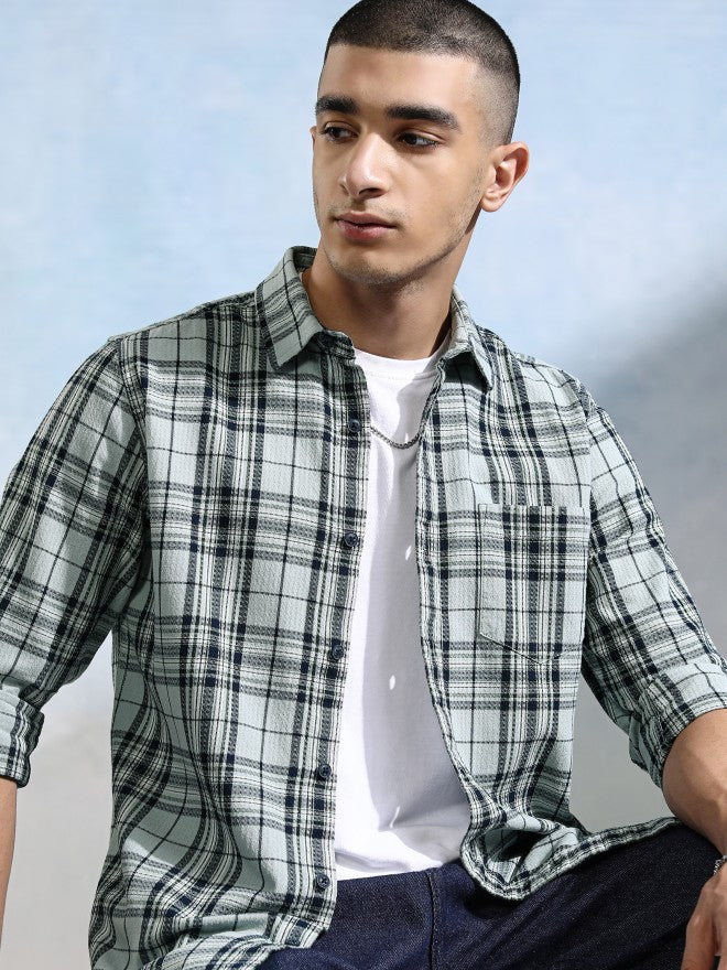 Highlander Men Teal Checked Slim Fit Casual Shirt - Teal - Image 1