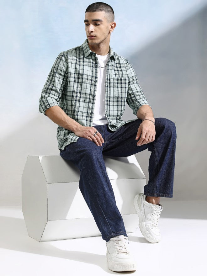 Highlander Men Teal Checked Slim Fit Casual Shirt - Teal - Image 2