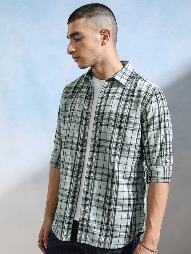 Highlander Men Teal Checked Slim Fit Casual Shirt - Teal - Image 4