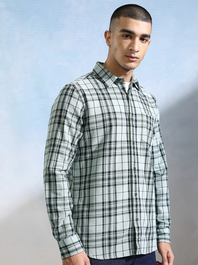 Highlander Men Teal Checked Slim Fit Casual Shirt - Teal - Image 6