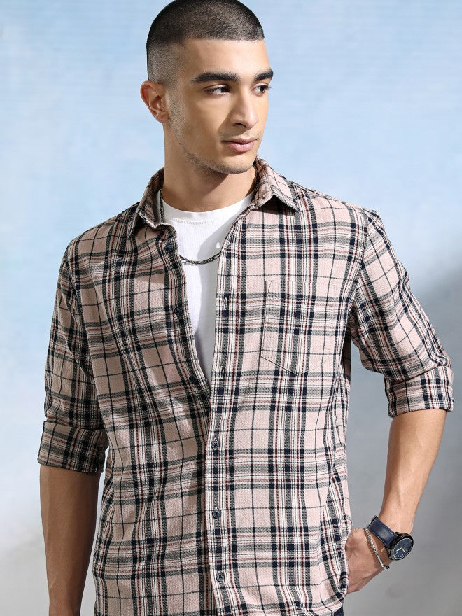 Highlander Men Peach Checked Slim Fit Casual Shirt - Peach - Image 1