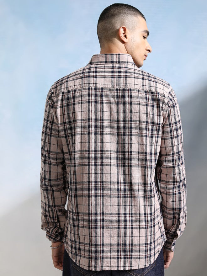 Highlander Men Peach Checked Slim Fit Casual Shirt - Peach - Image 3