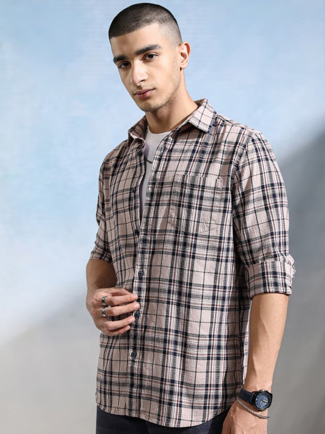 Highlander Men Peach Checked Slim Fit Casual Shirt - Peach - Image 4