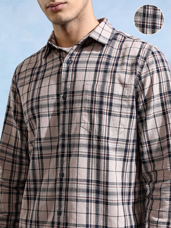 Highlander Men Peach Checked Slim Fit Casual Shirt - Peach - Image 5