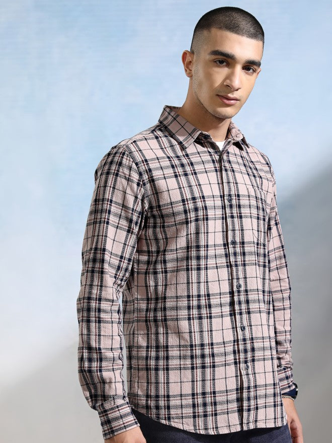 Highlander Men Peach Checked Slim Fit Casual Shirt - Peach - Image 6