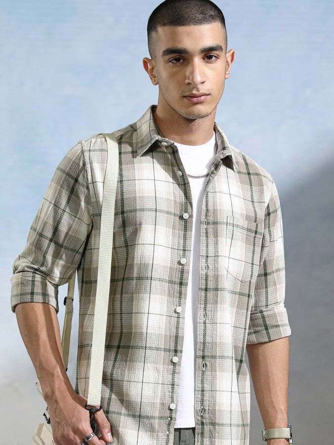 Highlander Men Off White Checked Slim Fit Casual Shirt - Off White - Image 1