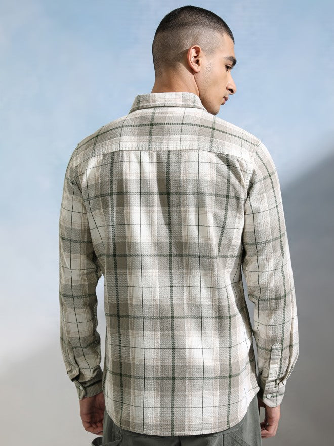 Highlander Men Off White Checked Slim Fit Casual Shirt - Off White - Image 3