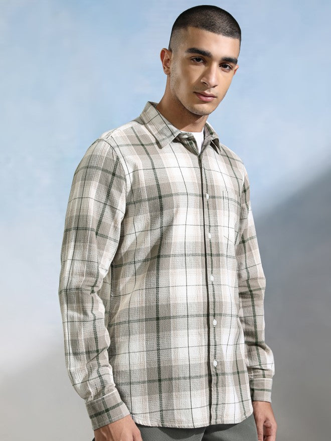Highlander Men Off White Checked Slim Fit Casual Shirt - Off White - Image 6