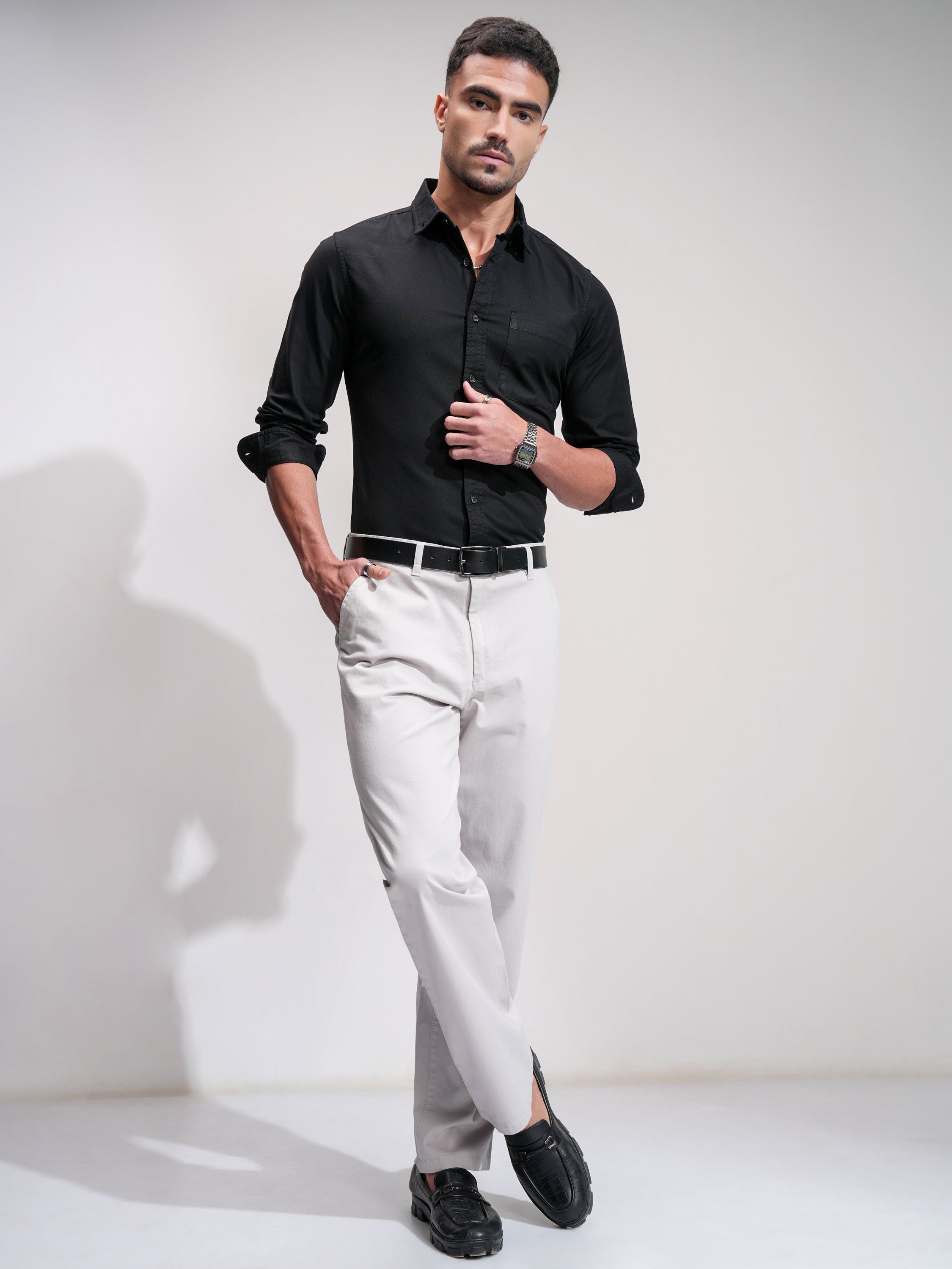 Highlander Men Black Solid Slim Fit Casual Shirt - Black - Image 2