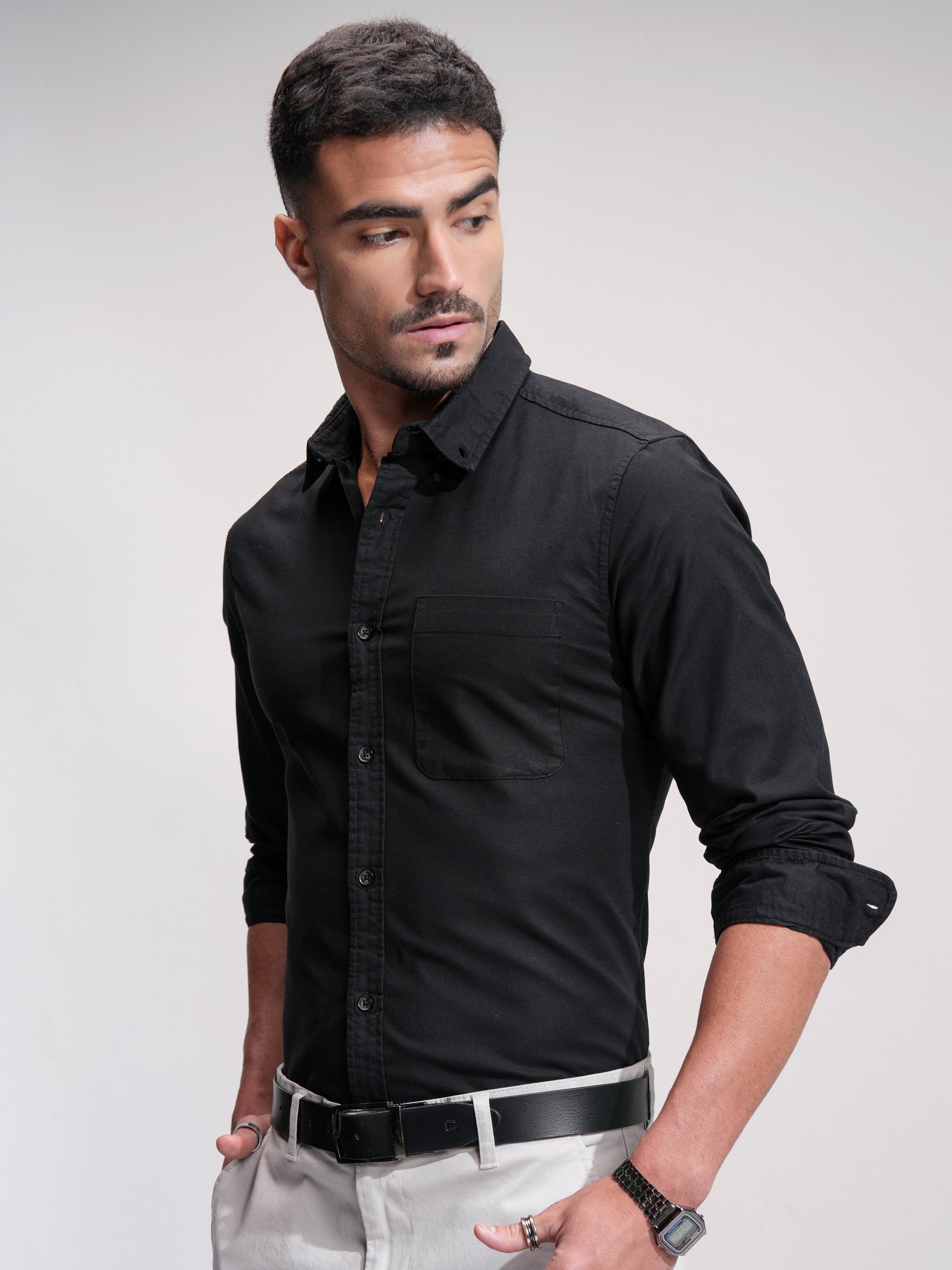 Highlander Men Black Solid Slim Fit Casual Shirt - Black - Image 4