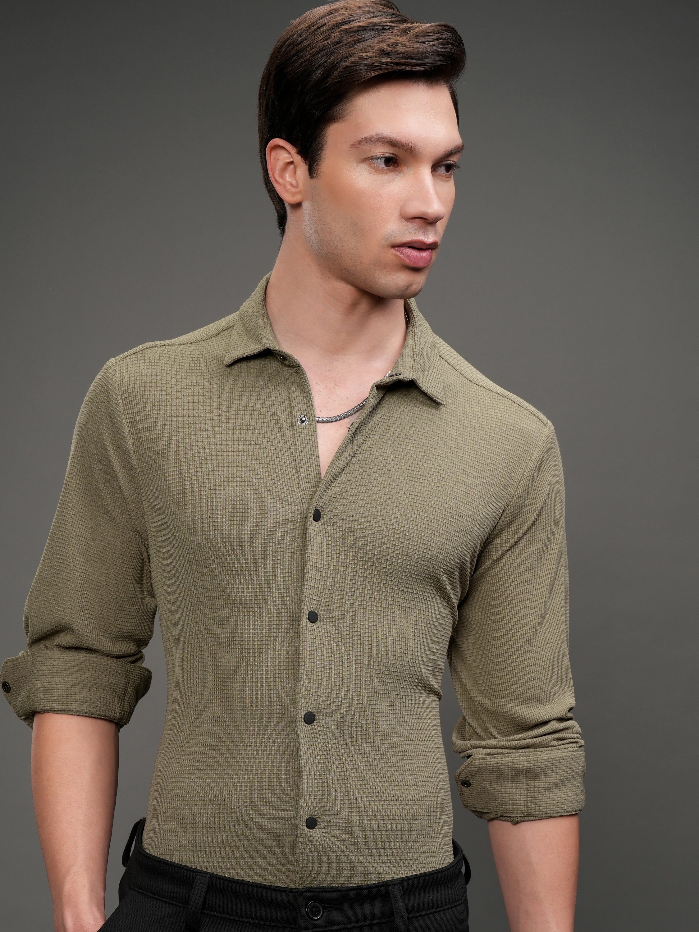 Highlander Men Khaki Self Design Slim Fit Casual Shirt - Khaki - Image 1