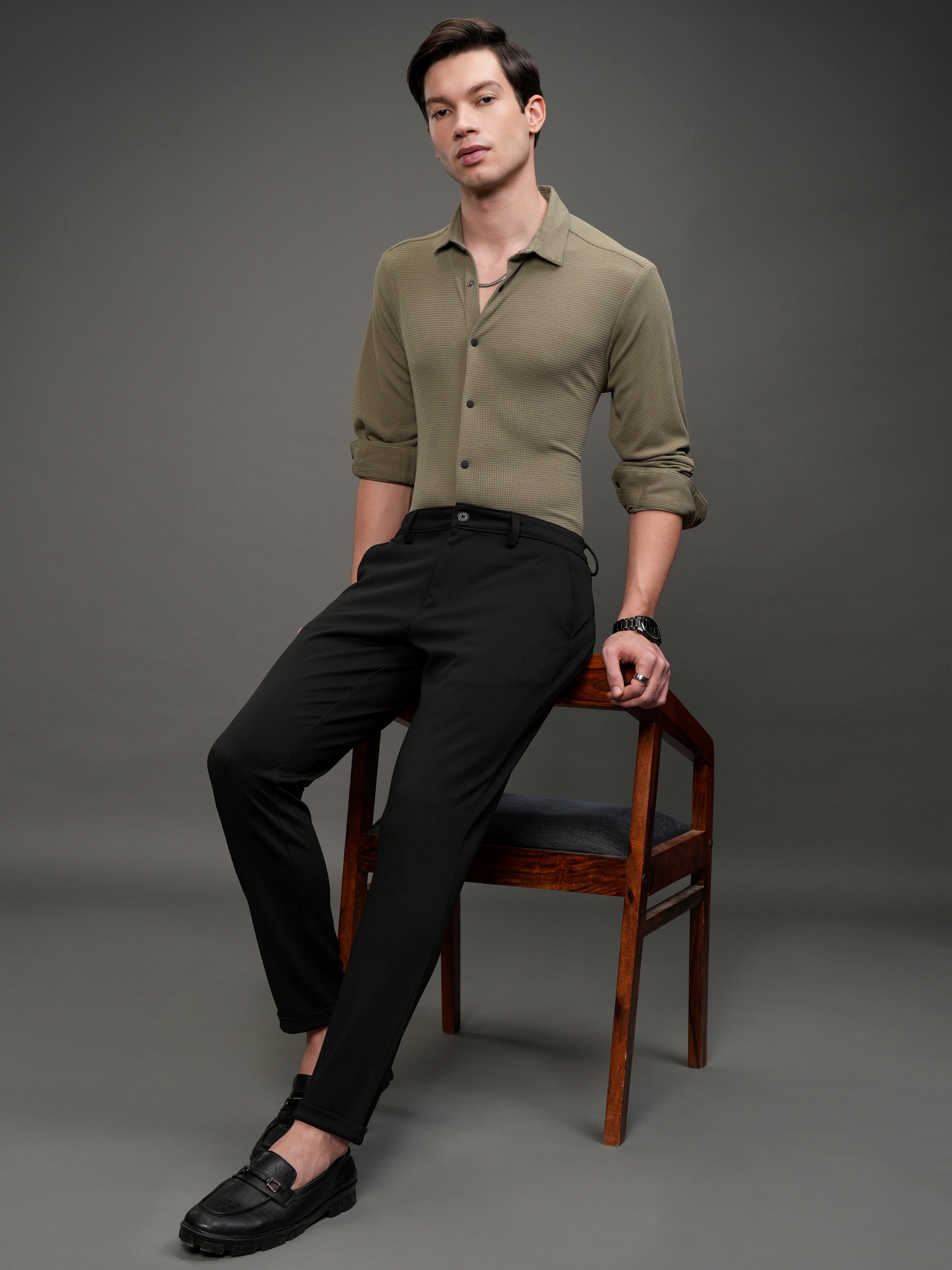 Highlander Men Khaki Self Design Slim Fit Casual Shirt - Khaki - Image 2