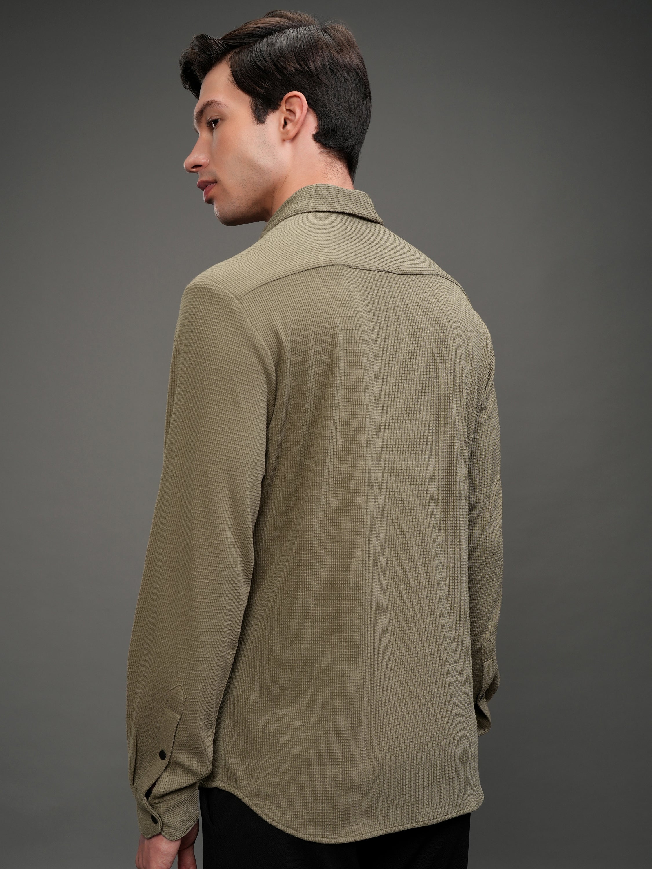 Highlander Men Khaki Self Design Slim Fit Casual Shirt - Khaki - Image 3