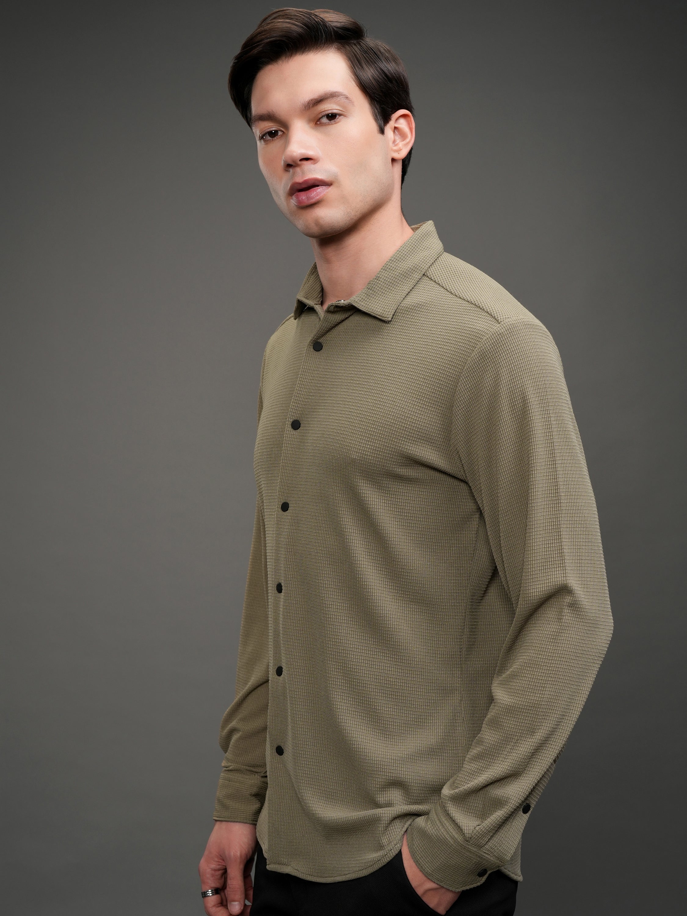 Highlander Men Khaki Self Design Slim Fit Casual Shirt - Khaki - Image 4