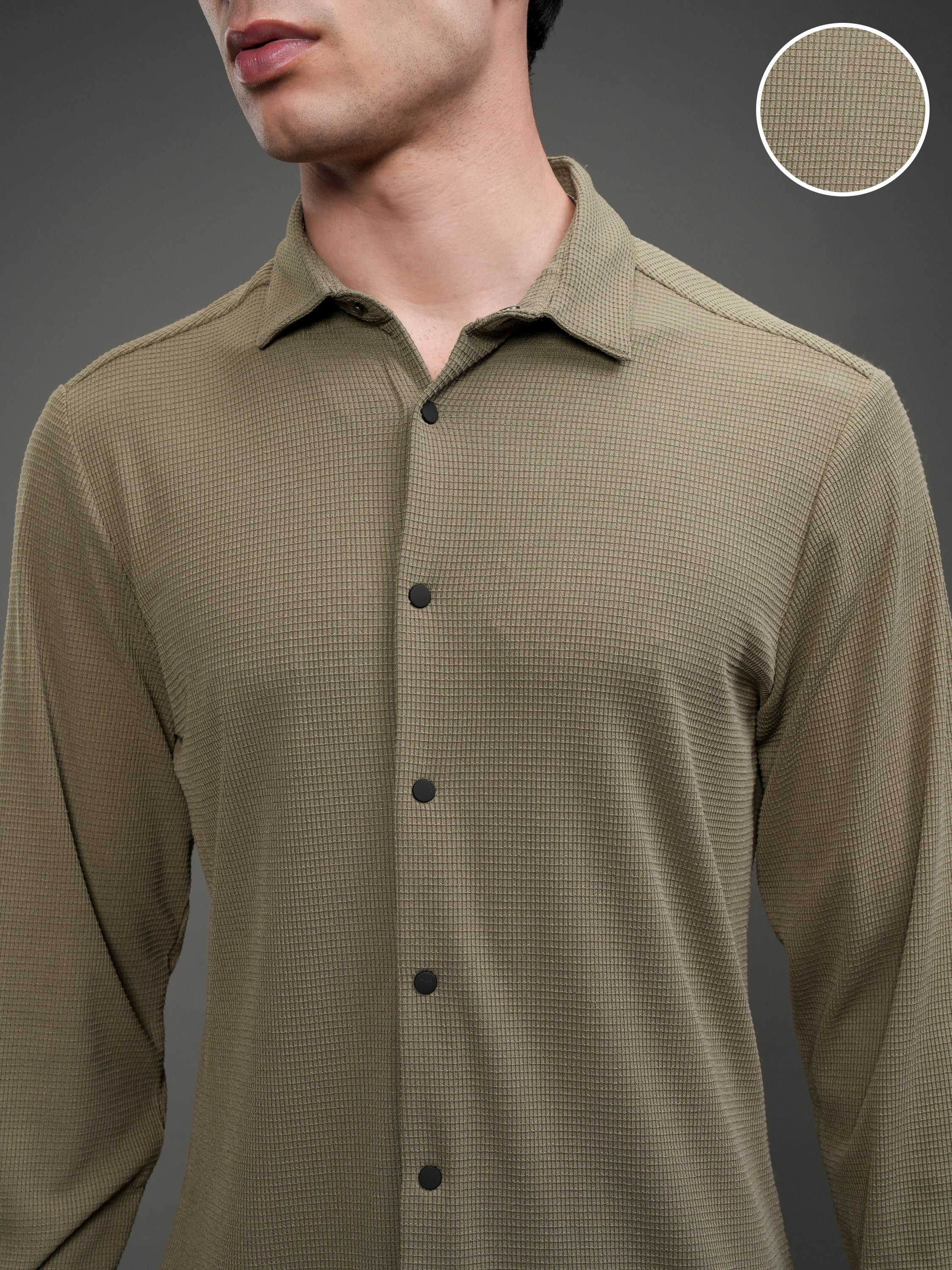 Highlander Men Khaki Self Design Slim Fit Casual Shirt - Khaki - Image 5