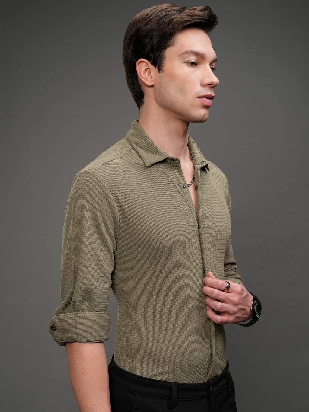 Highlander Men Khaki Self Design Slim Fit Casual Shirt - Khaki - Image 6
