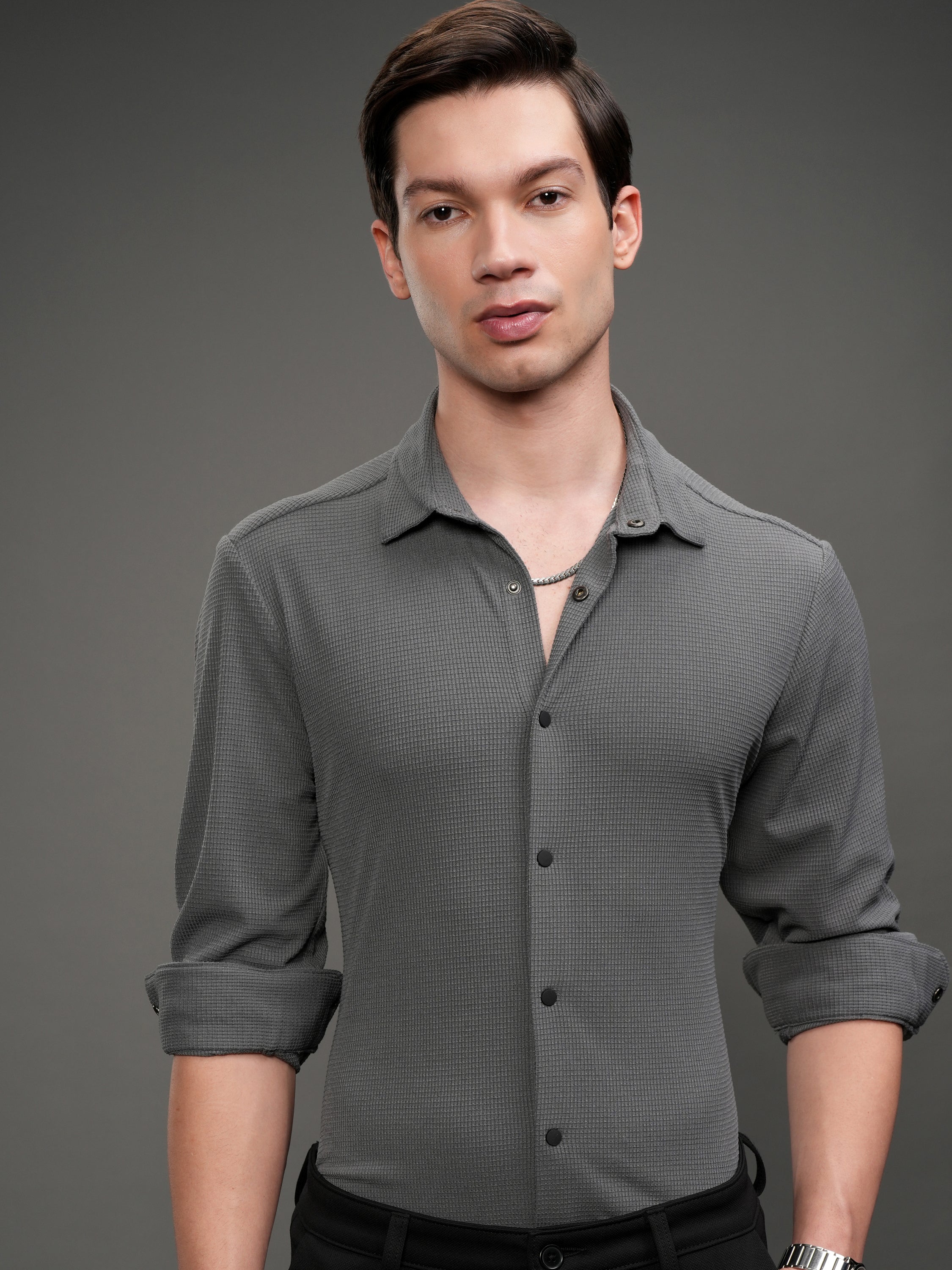 Highlander Men Grey Self Design Slim Fit Casual Shirt - Grey - Image 1