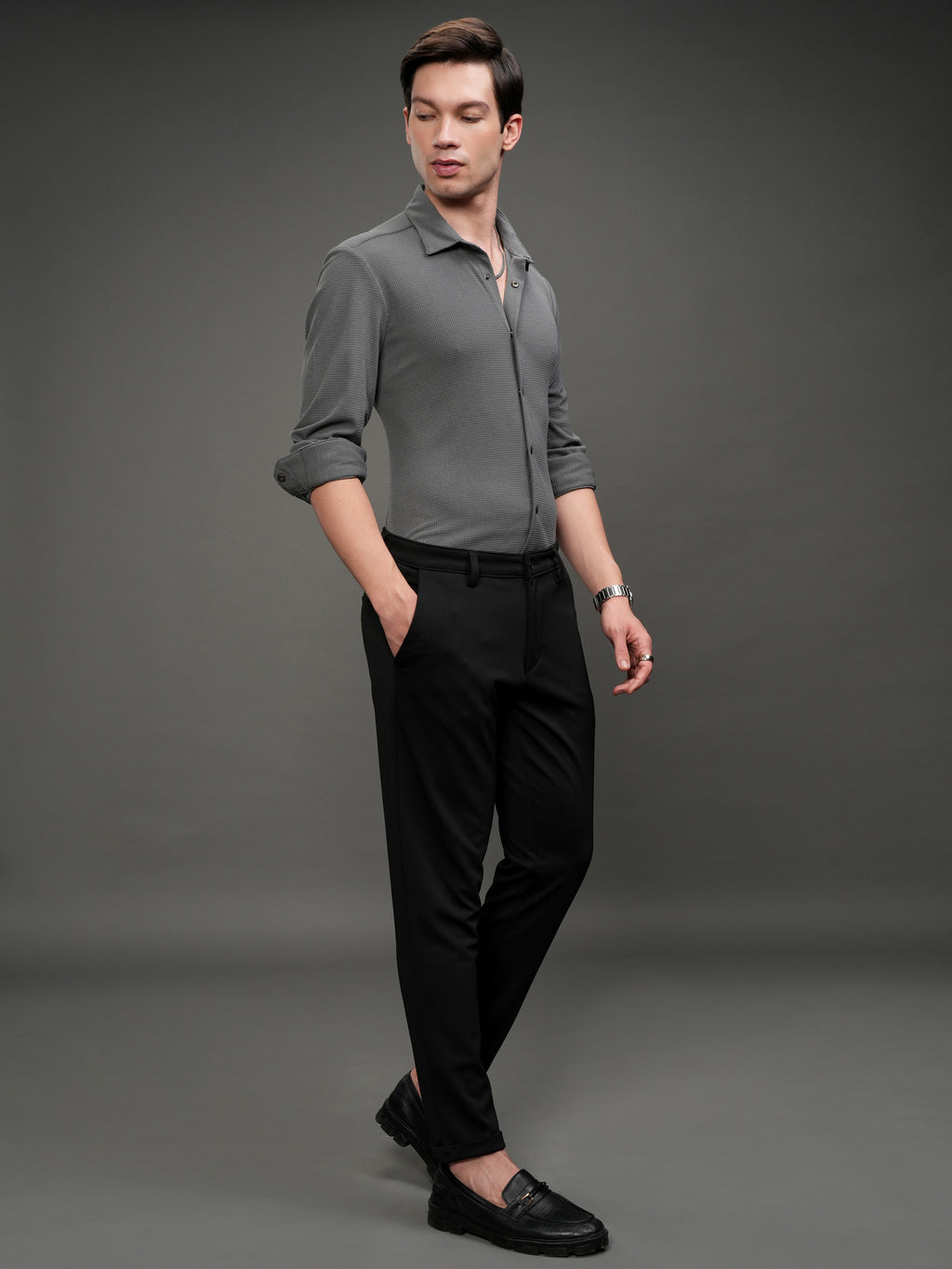Highlander Men Grey Self Design Slim Fit Casual Shirt - Grey - Image 2