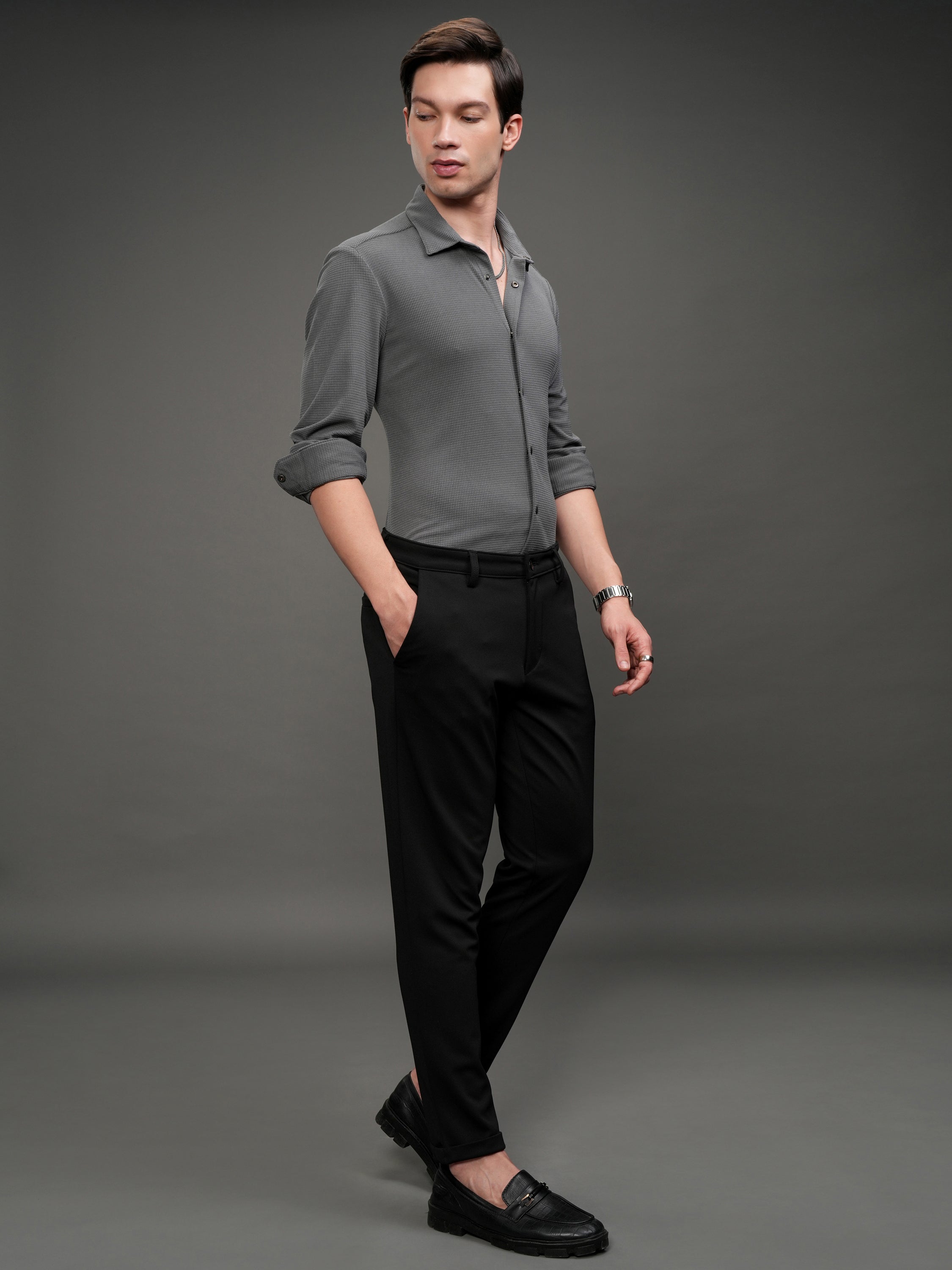 Highlander Men Grey Self Design Slim Fit Casual Shirt - Grey - Image 2