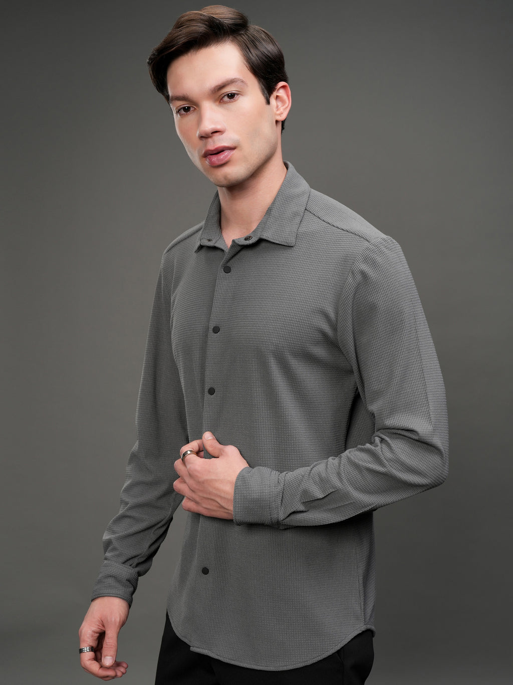 Highlander Men Grey Self Design Slim Fit Casual Shirt - Grey - Image 4