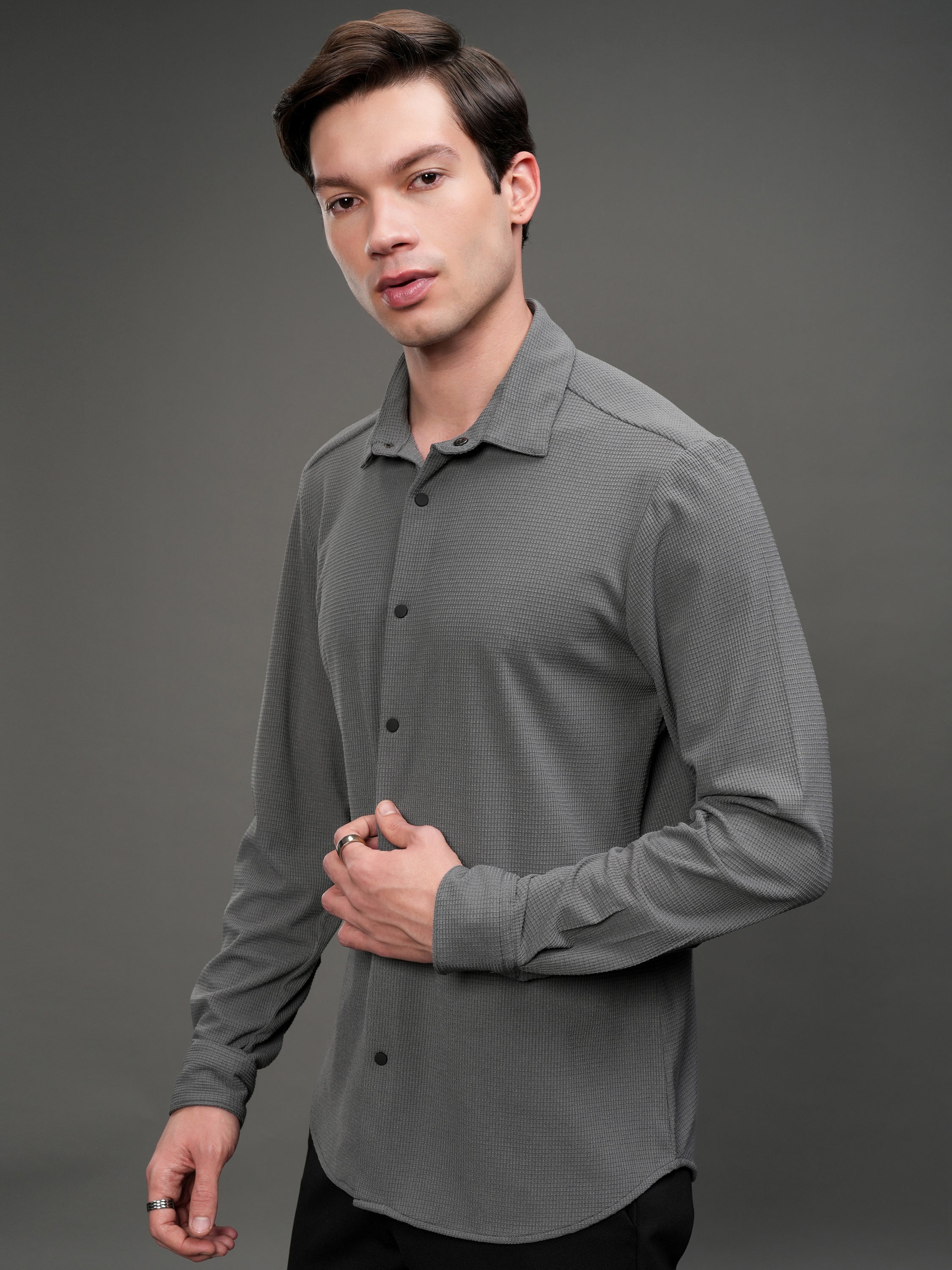 Highlander Men Grey Self Design Slim Fit Casual Shirt - Grey - Image 4