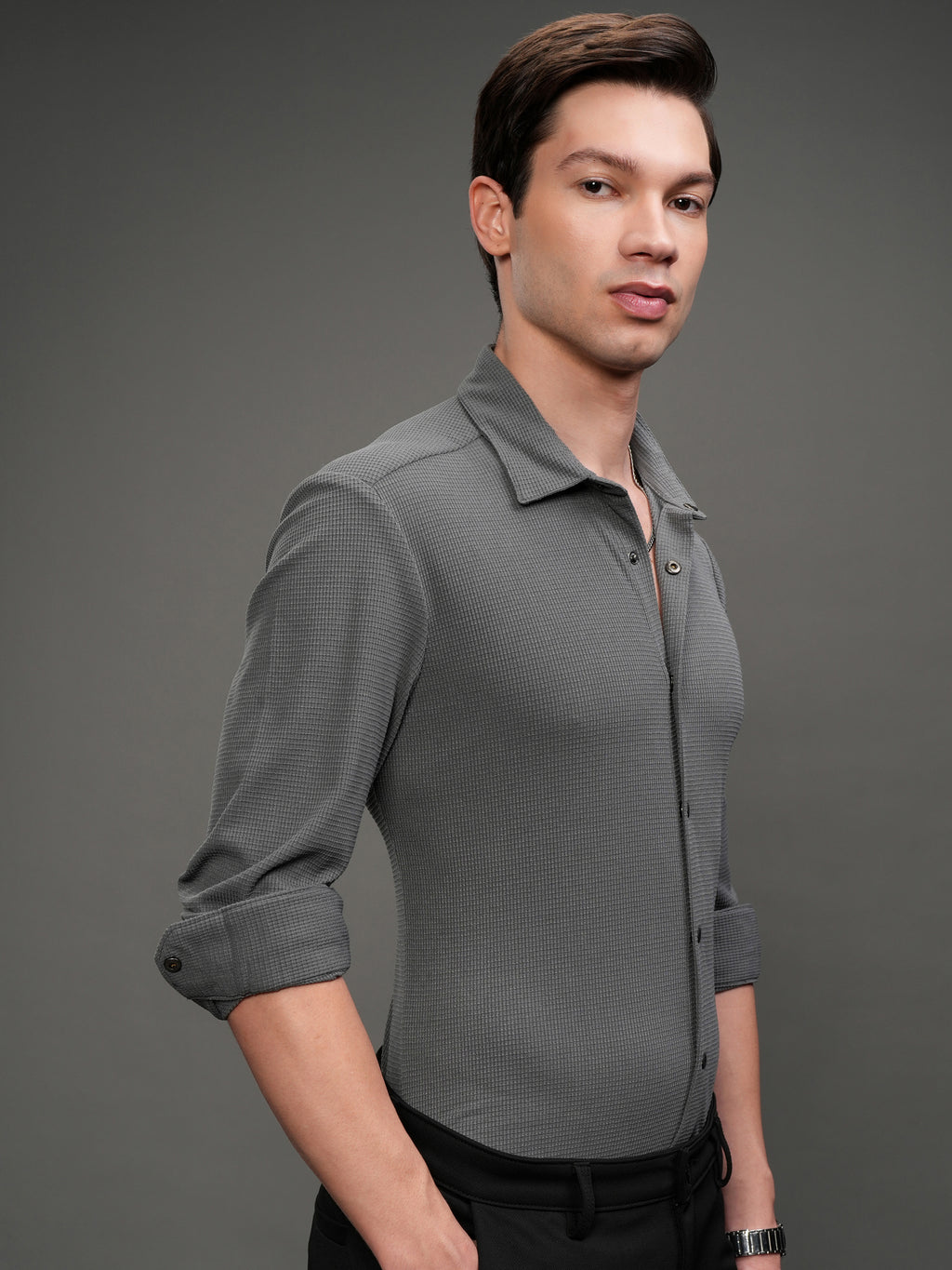 Highlander Men Grey Self Design Slim Fit Casual Shirt - Grey - Image 6