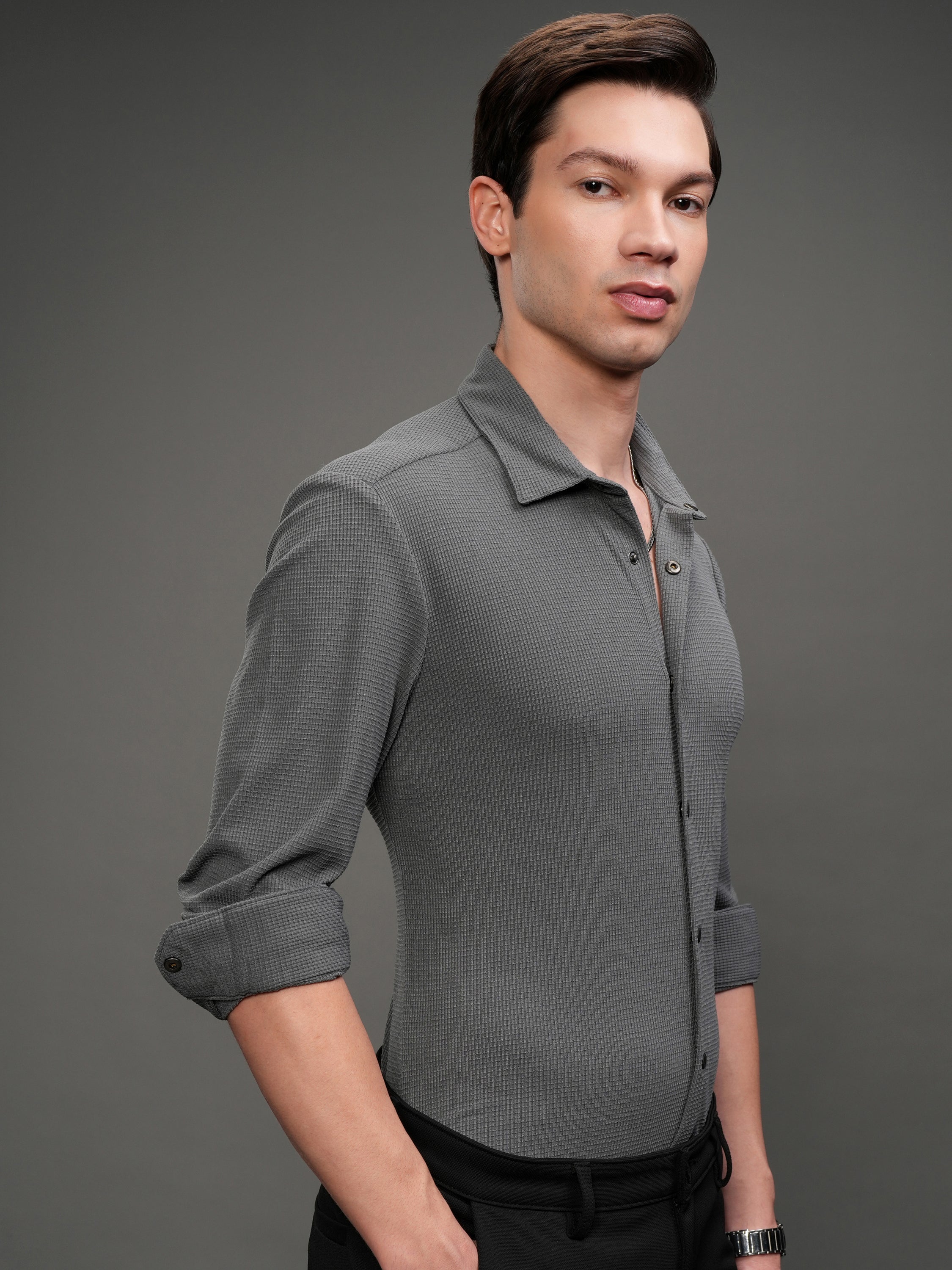 Highlander Men Grey Self Design Slim Fit Casual Shirt - Grey - Image 6