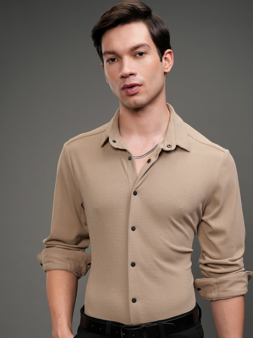 Highlander Men Beige Self Design Slim Fit Casual Shirt - Beige - Image 1