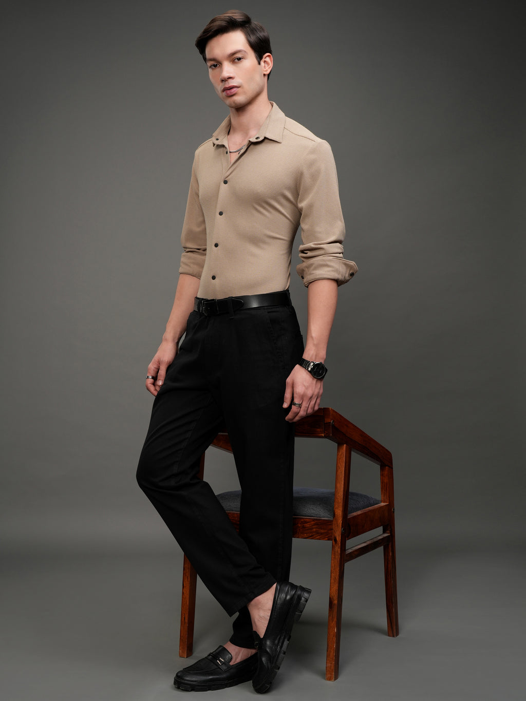 Highlander Men Beige Self Design Slim Fit Casual Shirt - Beige - Image 2