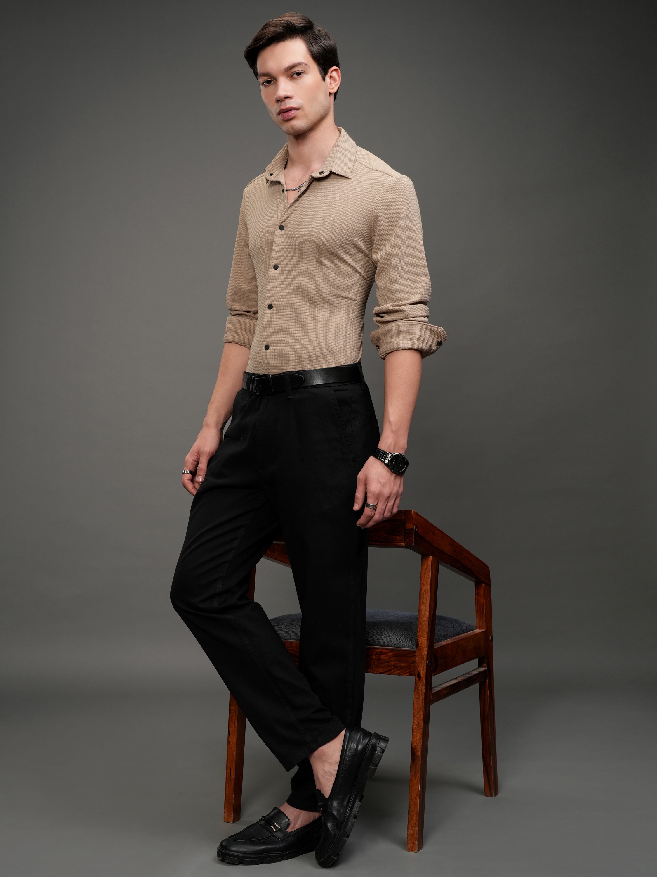 Highlander Men Beige Self Design Slim Fit Casual Shirt - Beige - Image 2