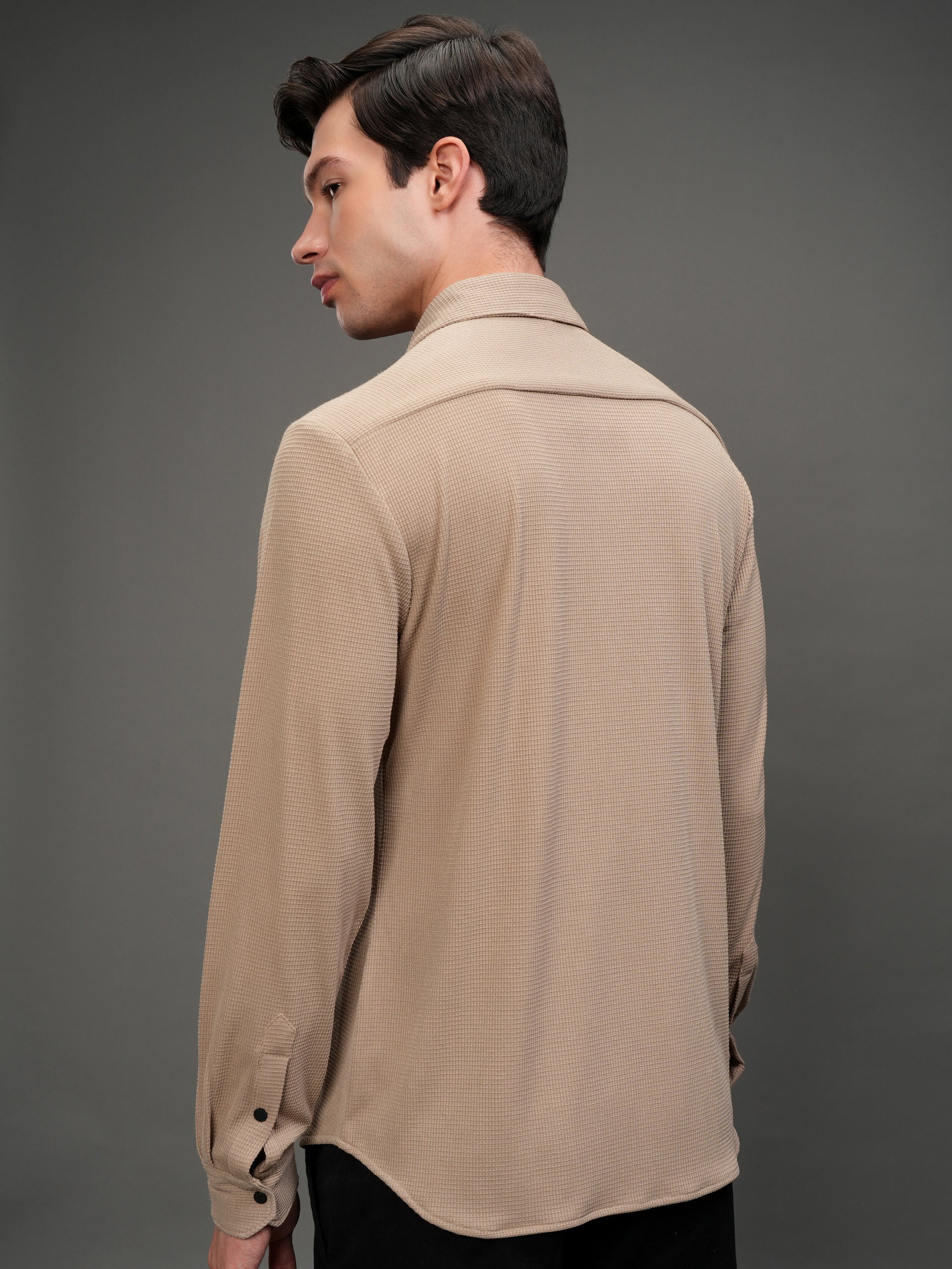 Highlander Men Beige Self Design Slim Fit Casual Shirt - Beige - Image 3