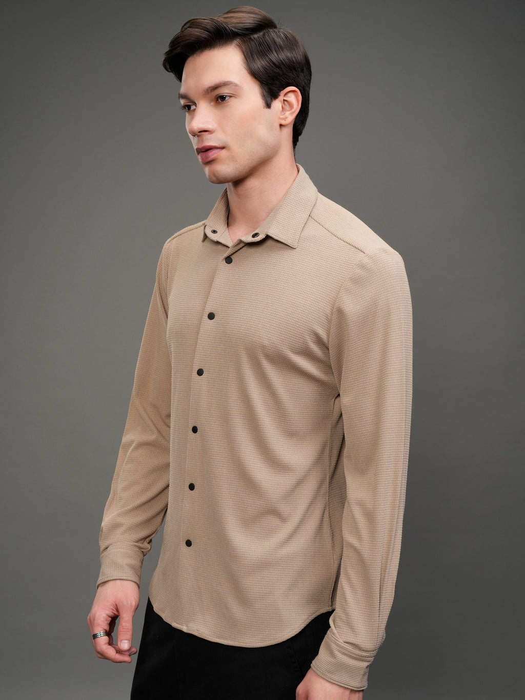 Highlander Men Beige Self Design Slim Fit Casual Shirt - Beige - Image 4