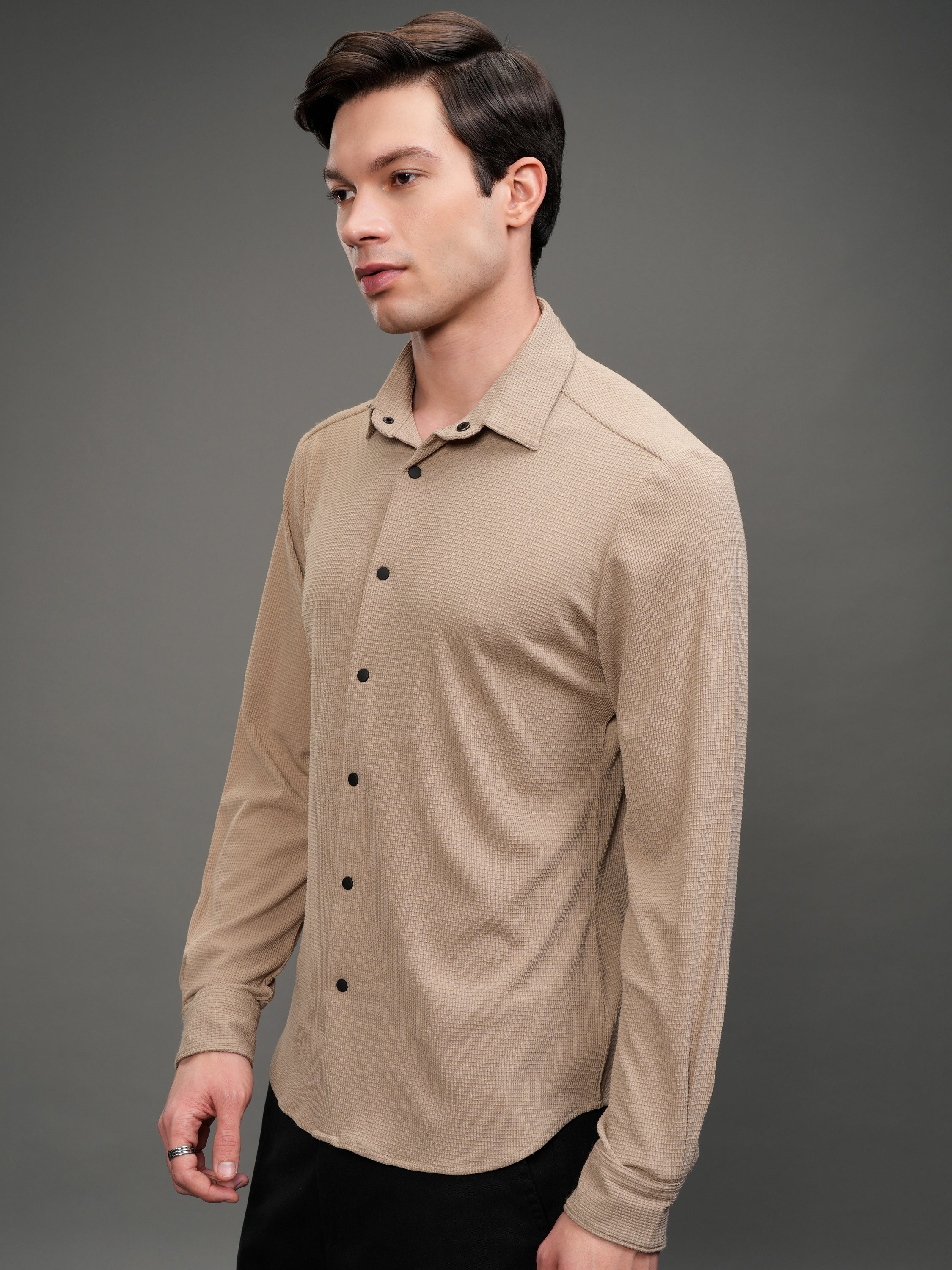 Highlander Men Beige Self Design Slim Fit Casual Shirt - Beige - Image 4