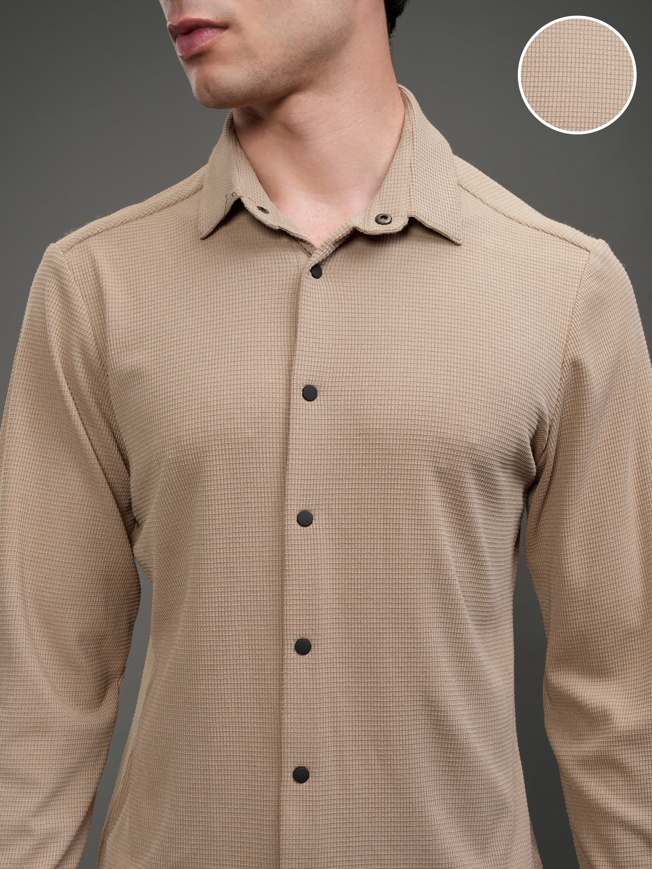 Highlander Men Beige Self Design Slim Fit Casual Shirt - Beige - Image 5