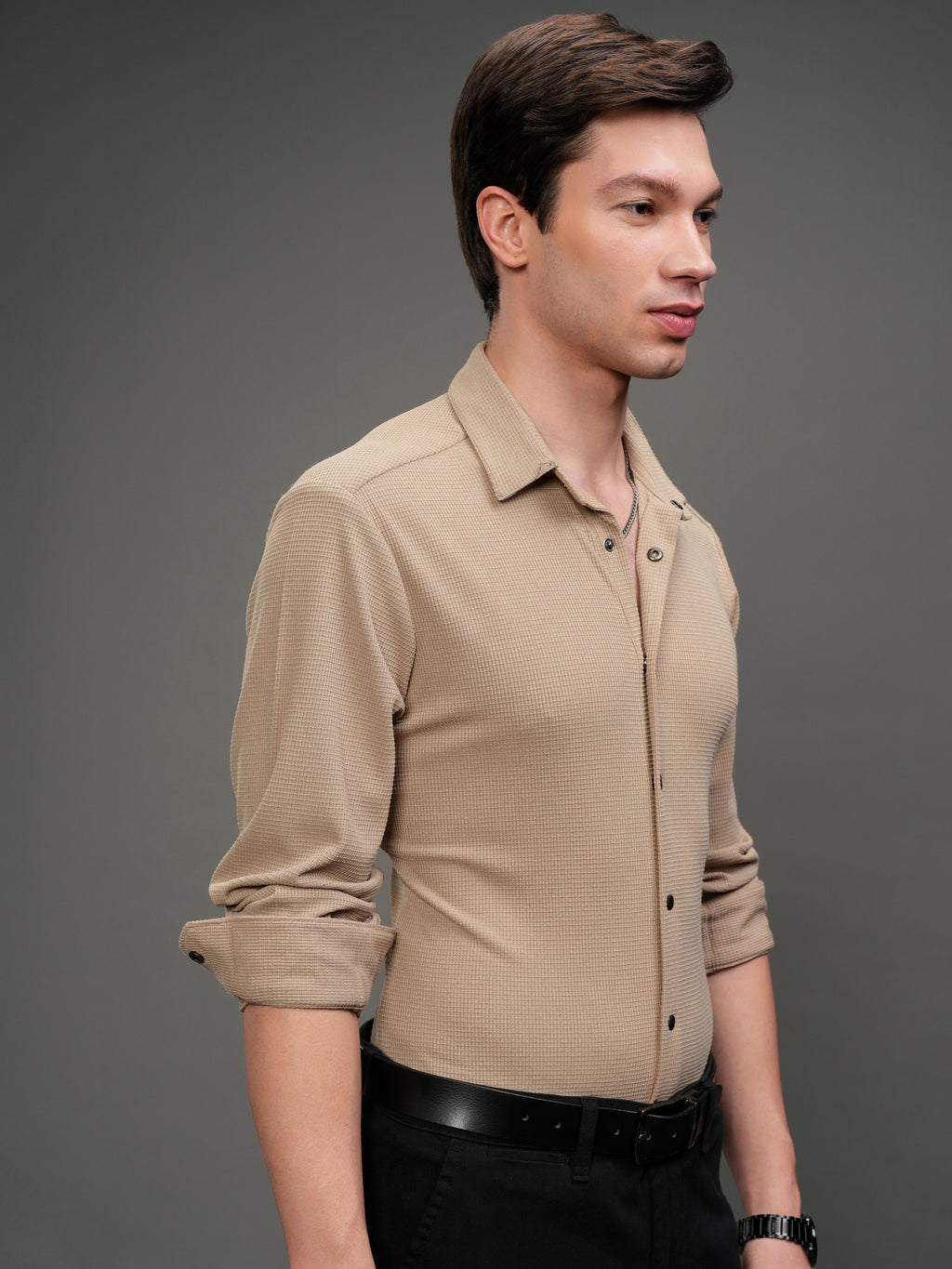 Highlander Men Beige Self Design Slim Fit Casual Shirt - Beige - Image 6