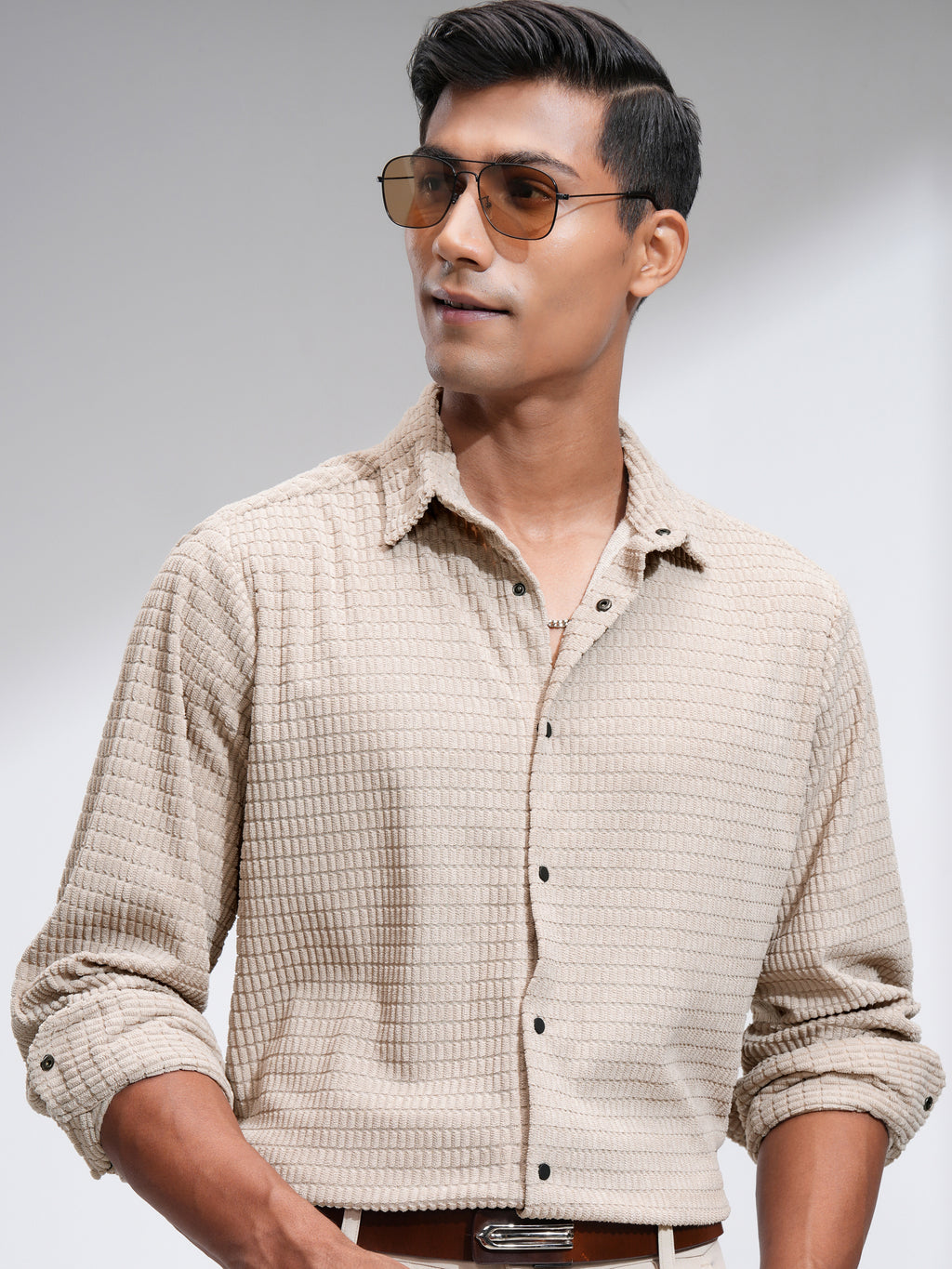 Highlander Men Beige Self Design Slim Fit Casual Shirt - Beige - Image 1