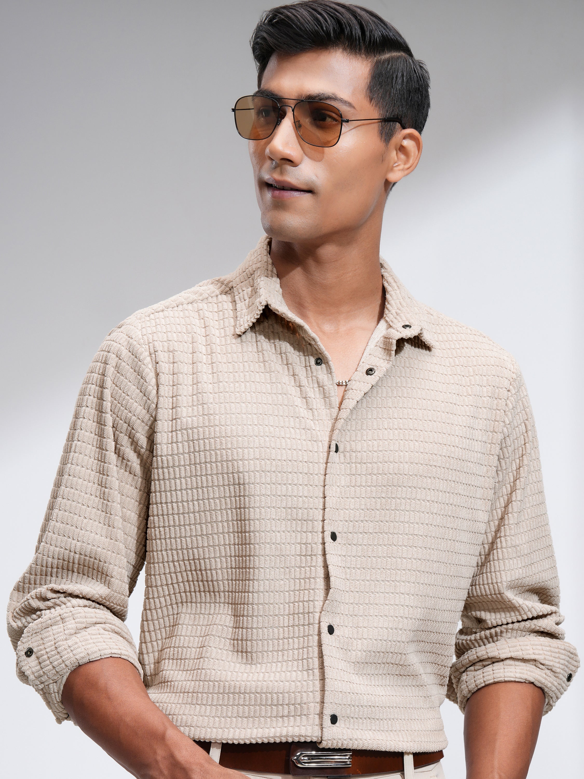 Highlander Men Beige Self Design Slim Fit Casual Shirt - Beige - Image 1